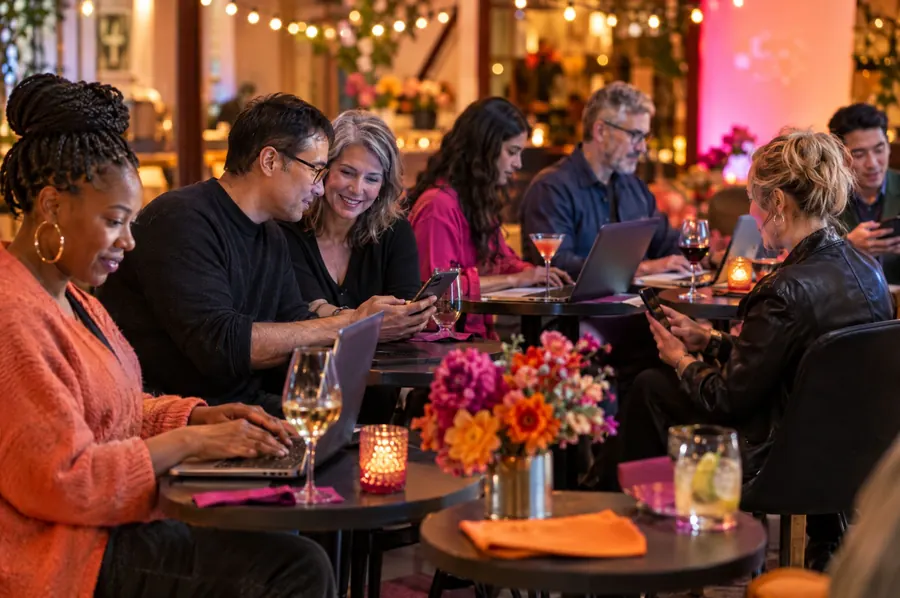 A relaxed evening class: adults at small tables with drinks, each working on their own laptop or phone