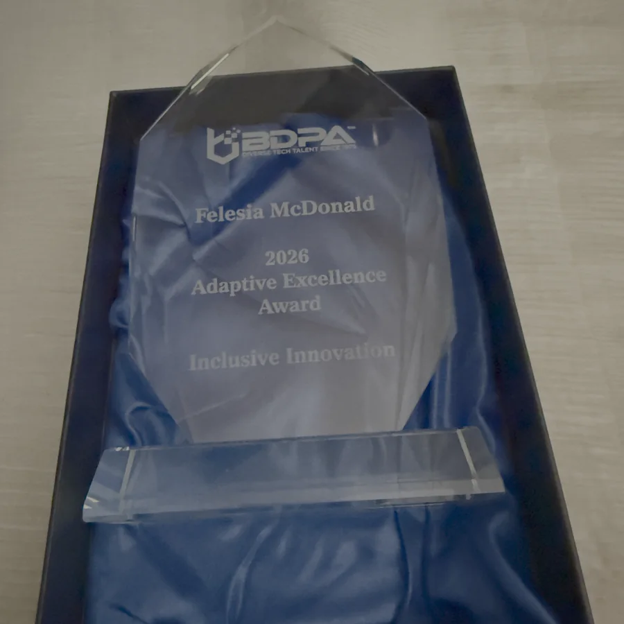 Crystal BDPA award engraved Felesia McDonald, 2026 Adaptive Excellence Award, Inclusive Innovation