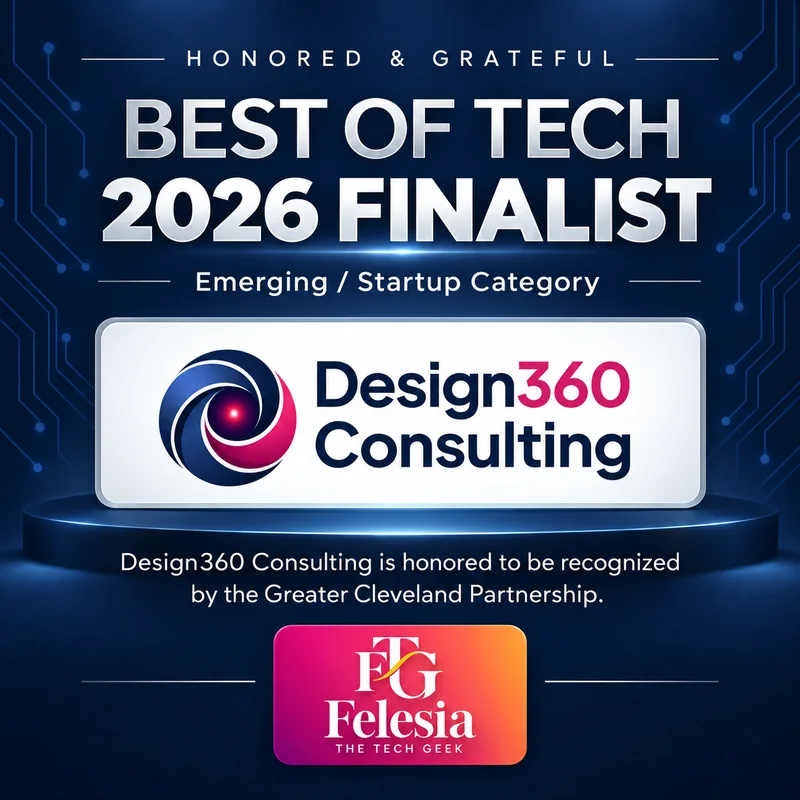 Best of Tech 2026 Finalist graphic: Design360 Consulting, Emerging / Startup category, recognized by the Greater Cleveland Partnership
