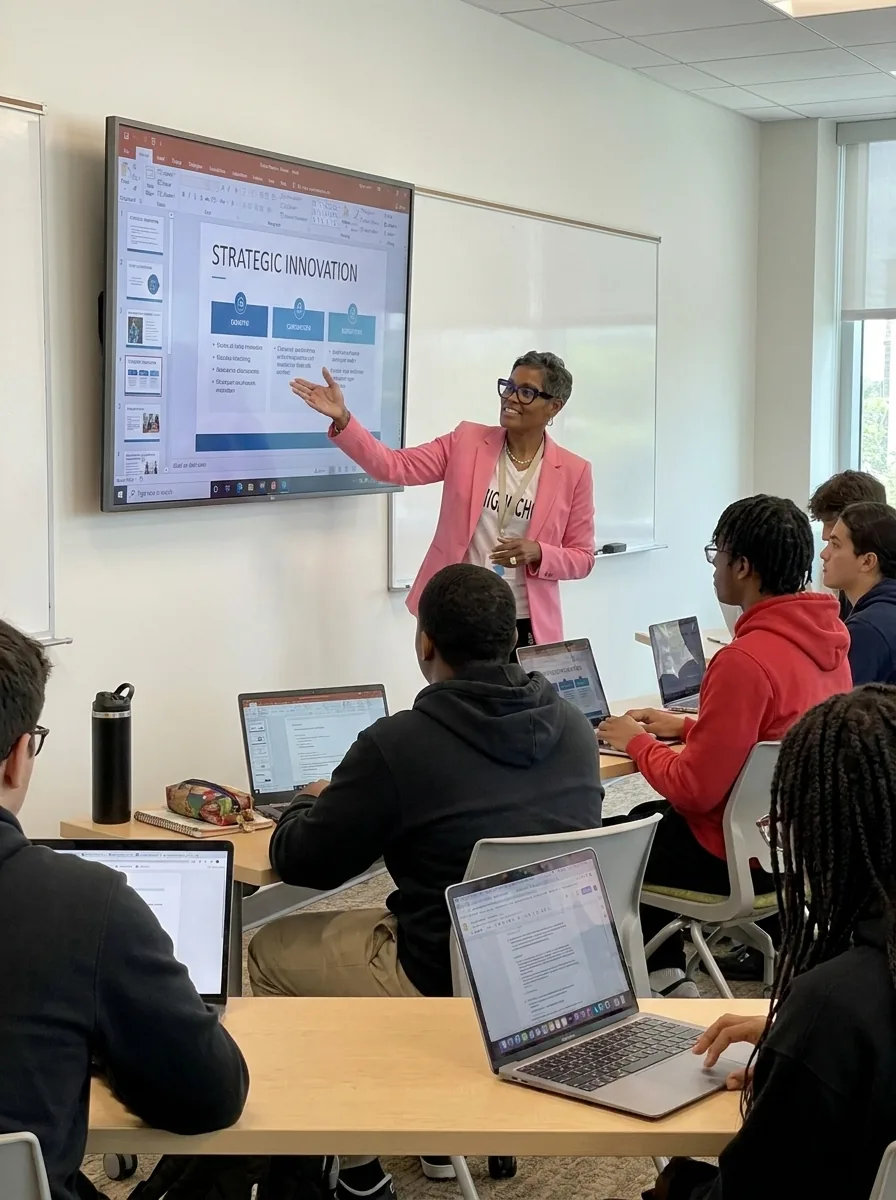 Felesia McDonald teaching a class, pointing to a Strategic Innovation slide while students work on laptops