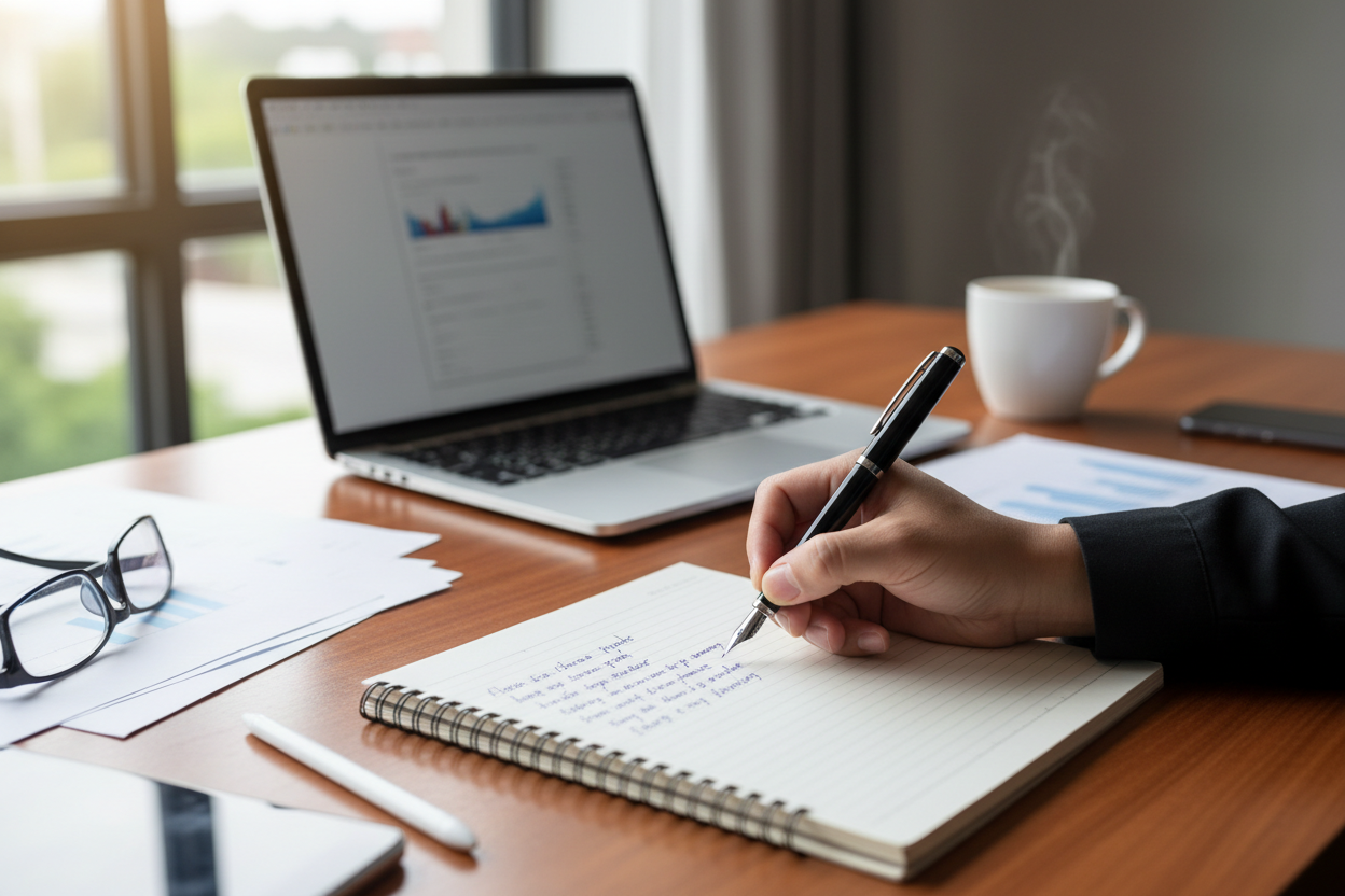 a hand writing in a notebook on a desk with a computer